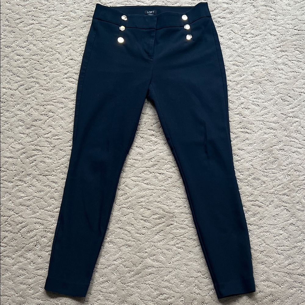LOFT Black Marisa Ponte Pants with Gold Sailor Nautical Buttons